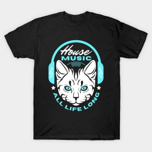 HOUSE MUSIC  - Headphone Cat (Blue) T-Shirt